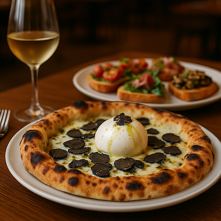 Pizza Gourmet & Bruschette: Pizza cu trufe și burrata & bruschette variate