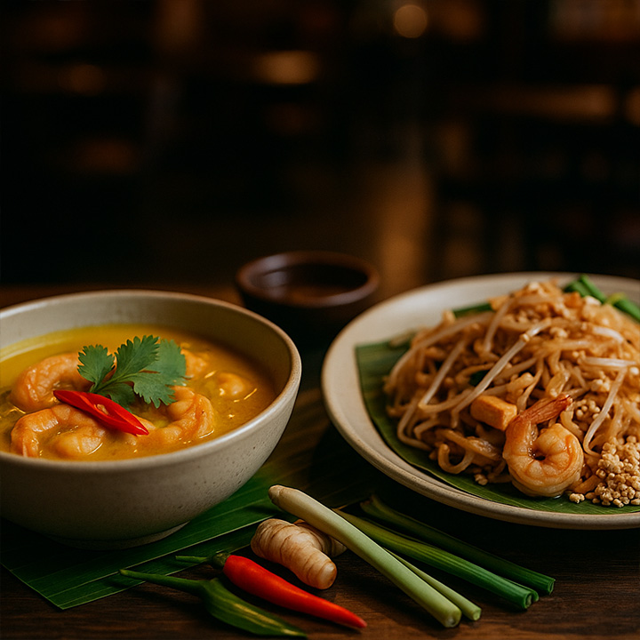 Thailandez: Curry galben cu creveți & Pad Thai