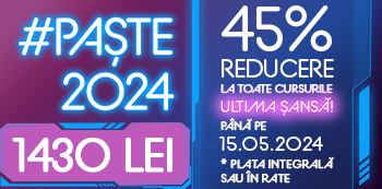 Pret #Paste2024: 1430 Lei - Folosind codul #Paste2024 beneficiezi de 45% Reducere la cursuri atat la plata integrala cat si in rate!