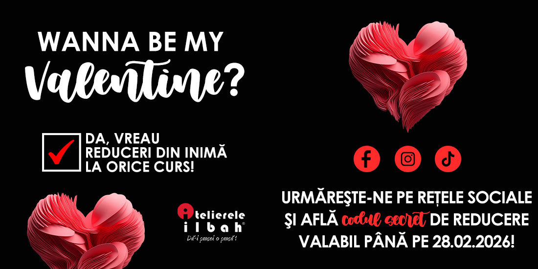 Be my Valentine! Beneficieaza de reduceri din inima la toate cursurile folosind codul secret. Be my Valentine! Beneficieaza de reduceri din inima la toate cursurile folosind codul secret.