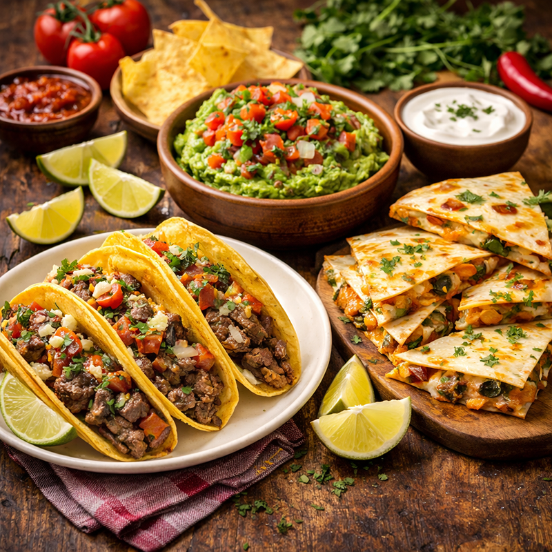 Tacos cu Vita, Guacamole si salsa fresca si Quesadilla Tacos cu Vita, Guacamole si salsa fresca si Quesadilla
