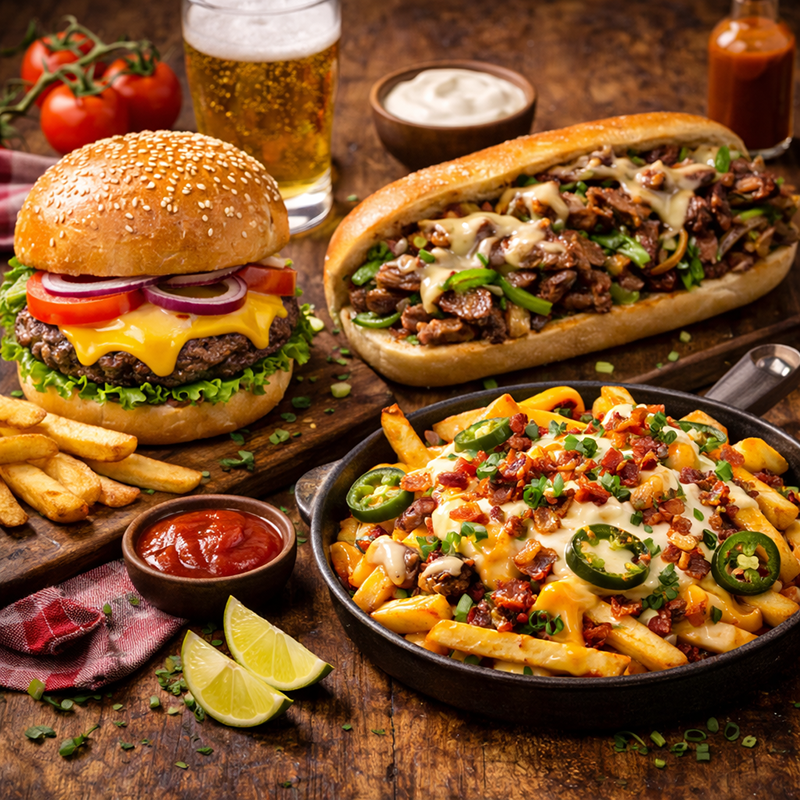 Burger, Philly Cheesesteak si Loaded Fries Burger, Philly Cheesesteak si Loaded Fries