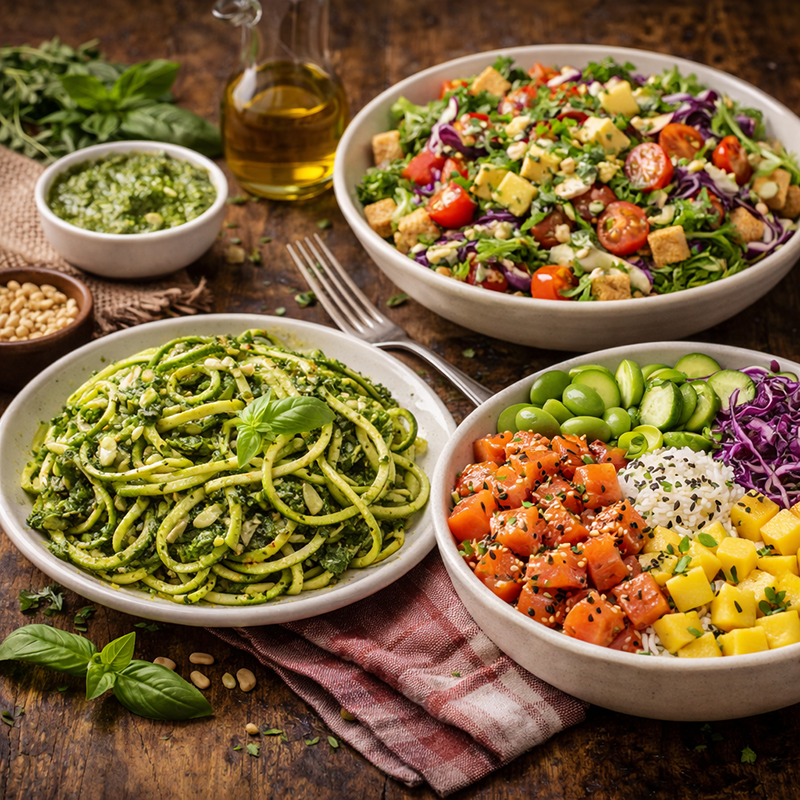 Noodles de zucchini cu Pesto, Salata cu Texturi Diferite, Poke Bowl Noodles de zucchini cu Pesto, Salata cu Texturi Diferite, Poke Bowl