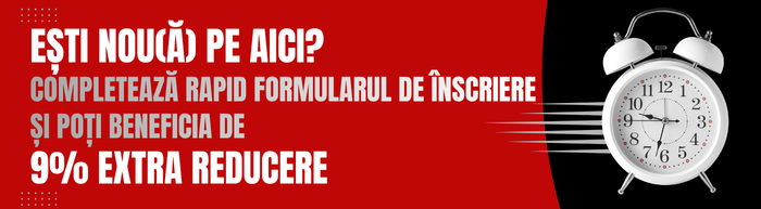 Esti nou(a) pe aici? Beneficiaza de 9% ExtraReducere la cursurile Atelierele ILBAH! Esti nou(a) pe aici? Beneficiaza de 9% ExtraReducere la cursurile Atelierele ILBAH!